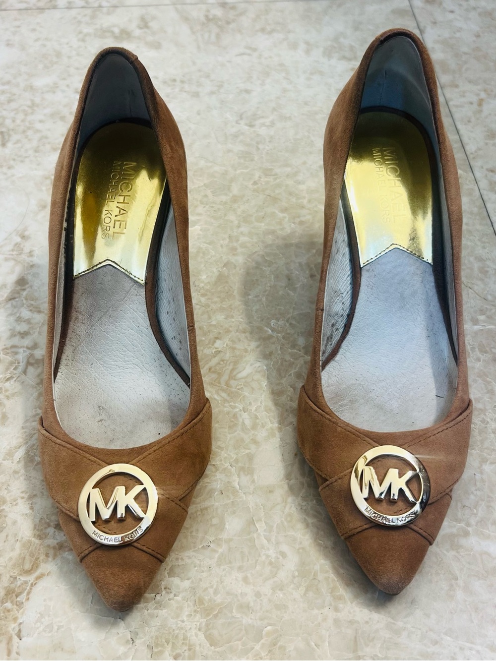 Michael Kors Tan Suede Pointed-Toe Heels with Gold MK Medallions